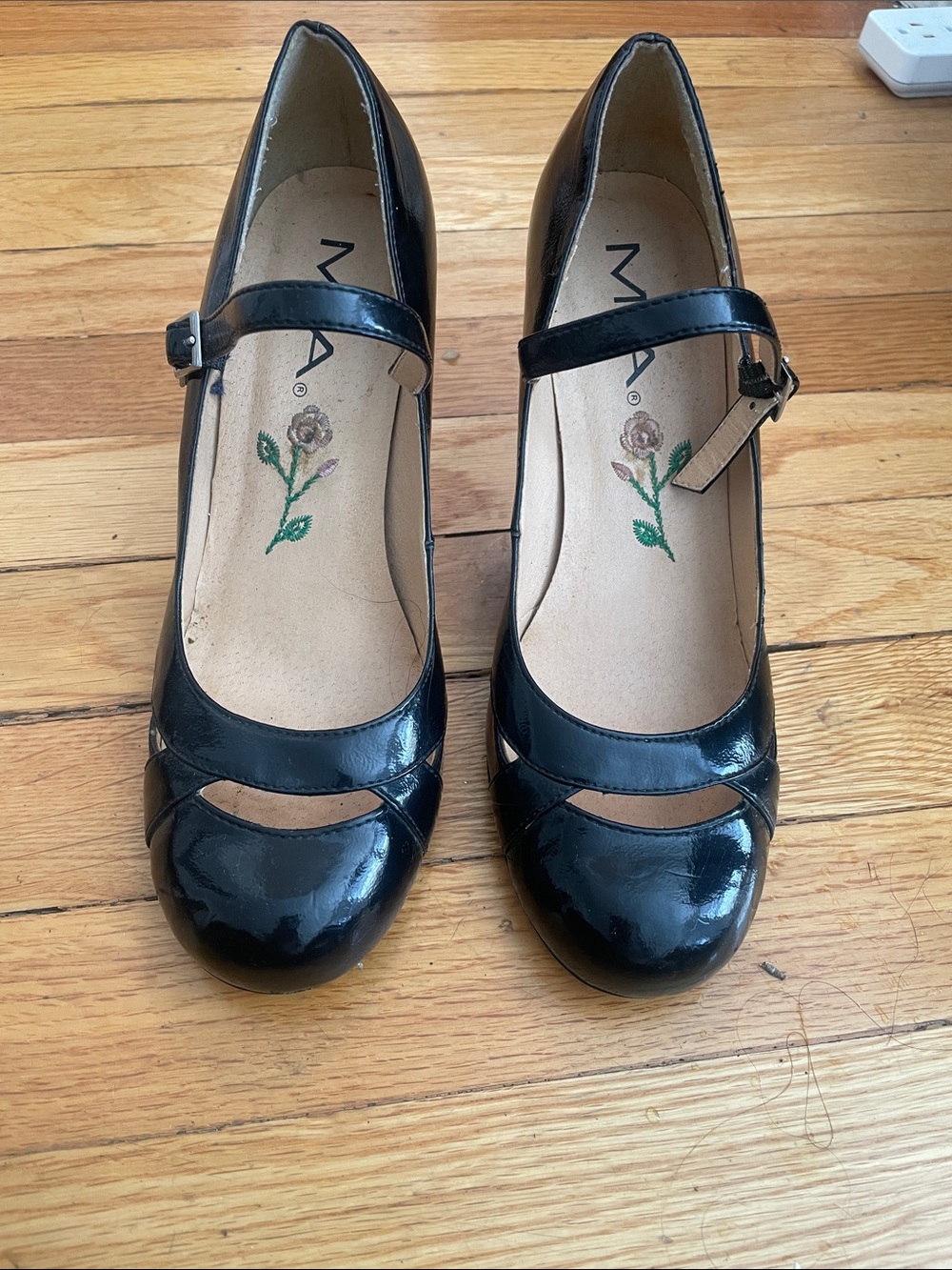 MIA Black Patent Mary Jane Heels with Ankle Strap. 3 inch